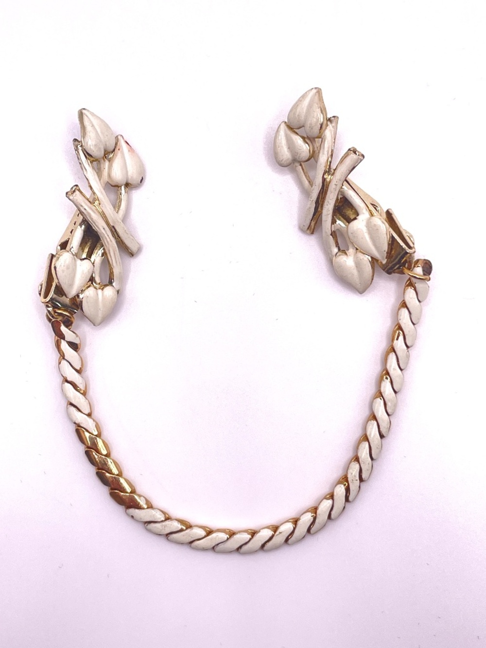 Vintage Gold Tone White Enamel Sweater Clips